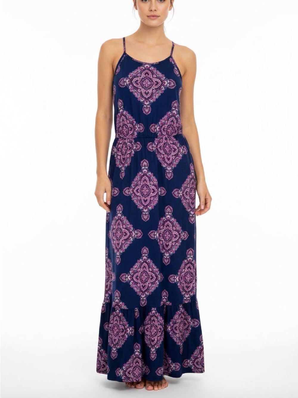 French Grey Navy Maxi Dress with Pink Paisley Print
